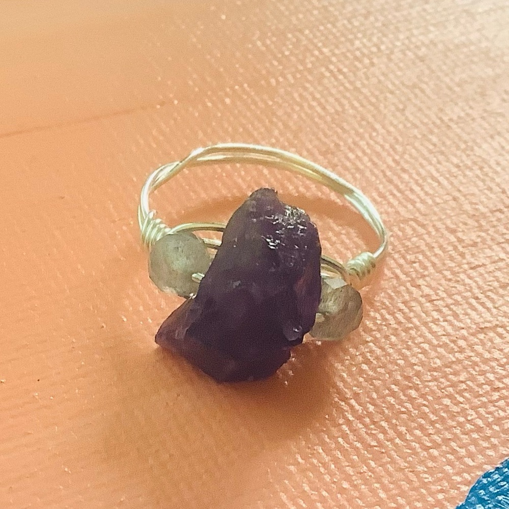 🧡NEW Ring Raw Amethyst Faceted Labradorite Silver Tone Boho Wire Wrapped Size 7
